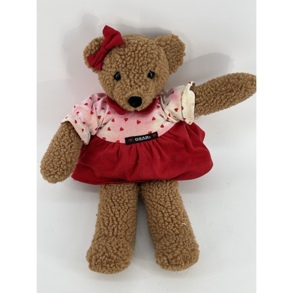 Vintage 1986 Gund Gear Bear Plush Rattle Girl Red White Heart Dress & Bow